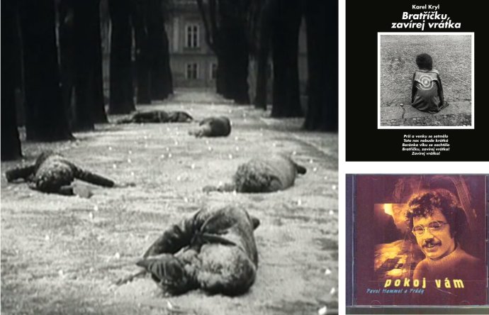 Najsilnejšia scéna z televízneho filmu Aleluja (1968) a obaly zakázaných platní Bratříčku, zavírej vrátka a Pokoj vám. Reprofoto – kniha Fedora Freša Sideman