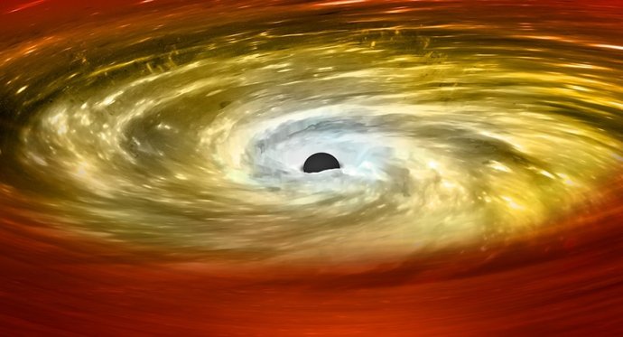 Hmota, ktorá padá do čiernej diery červenej hrudy (red nugget). Foto - NASA