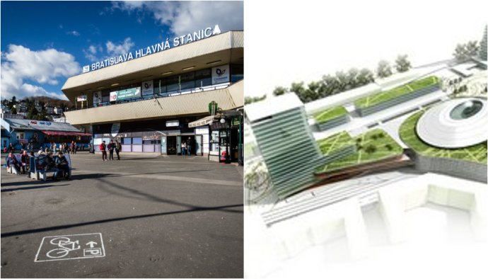 Bratislavská hlavná stanica a ako mala vyzerať podľa vizualizácií spred vyše ôsmich rokov. Foto N – Tomáš Benedikovič, vizualizácia – Transprojekt