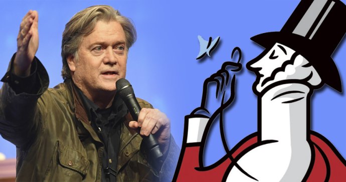 Steve Bannon a logo časopisu New Yorker. Foto – AP; úprava – Denník N