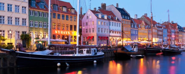 Scenic evening panorama of Nyhavn in Copenhagen, Denmark