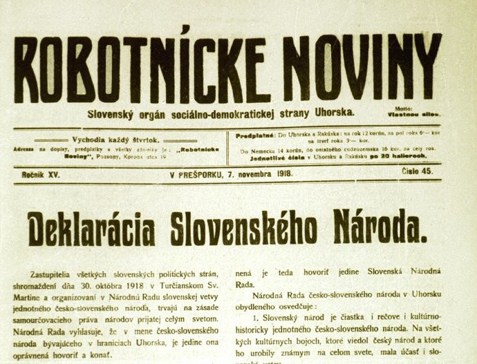 Titulná strana Robotníckych novín zo 7. novembra 1918 informovala o prijatí Martinskej deklarácie. Foto - TASR