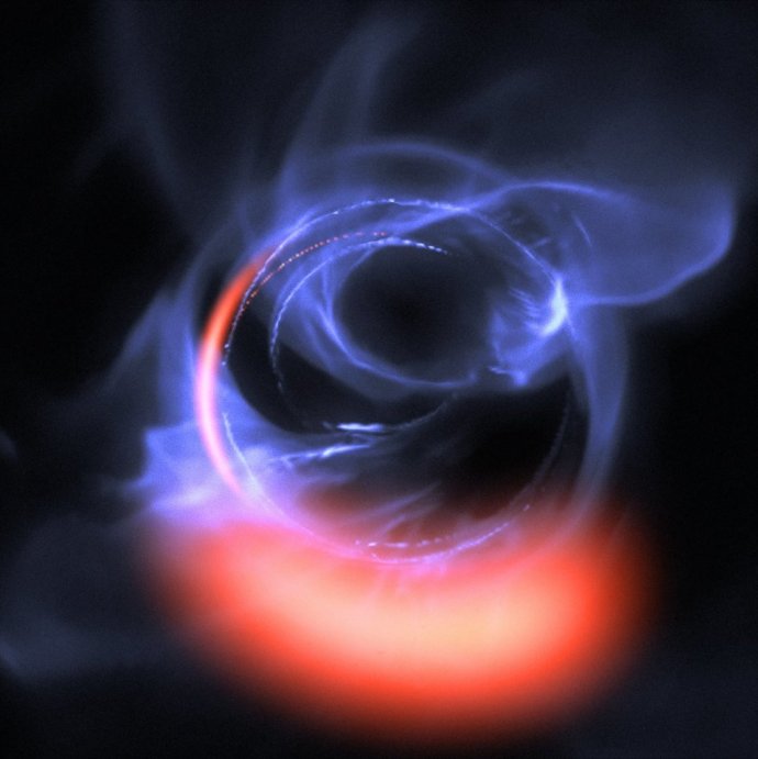 Zariadenie GRAVITY potvrdilo existenciu supermasívnej čiernej diery v centre našej galaxie. Pozorovania odhalili prítomnosť plynov obiehajúcich čiernu dieru rýchlosťou zodpovedajúcou 30 percentám rýchlosti svetla. Zdroj – ESO/Gravity Consortium/L. Calçada