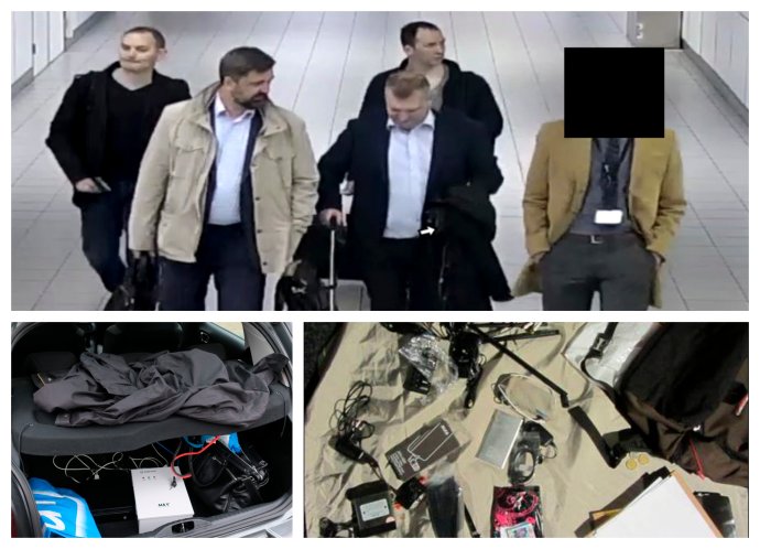 Štyria vyhostení ruskí agenti GRU a ich hakerské vybavenie. Foto - TASR/AP/Holandská polícia