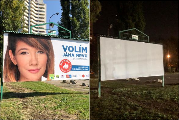 Bilbord s tvárou Lucie Ďuriš Nicholsonovej bol ešte minulý týždeň na Záhradníckej ulici v Bratislave. Teraz je už prelepený. Zdroj – archív N