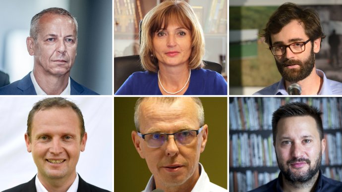 Kandidáti, ktorí zvíťazili v študentských voľbách. Zľava v smere hodinových ručičiek: Ján Nosko, Andrea Turčanová, Marek Hattas, Matúš Vallo, Peter Fiabáne a Milan Lesňák.