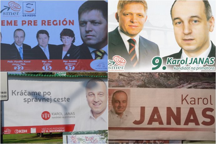 Evolúcia Karola Janasa na bilbordoch: od župných volieb 2009 (vľavo hore) cez komunálne voľby 2010 a 2014 až po dnešok. Foto - FB V. Šnídla