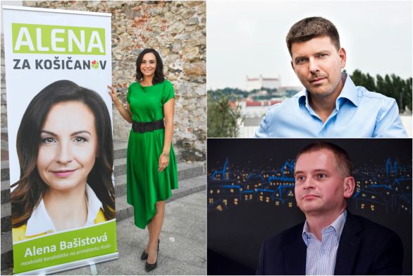 Kandidátka na primátorku Košíc Alena Bašistová, kandidát na starostu bratislavského Starého Mesta Martin Borguľa a kandidát na starostu Ružinova Martin Chren. Foto – TASR a martinborgula.sk