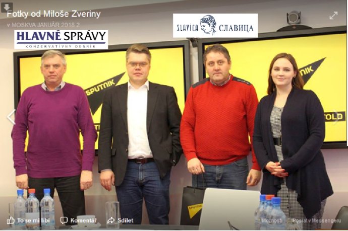 Jevgenij Paľcev (vľavo) na návšteve agentúry Sputnik, ktorú financuje ruská vláda. Druhým sprava je Miloš Zverina, ktorý Paľceva na cestách sprevádza. Foto - FB Milan Zverina/Dezinformácie, hoaxy, propaganda