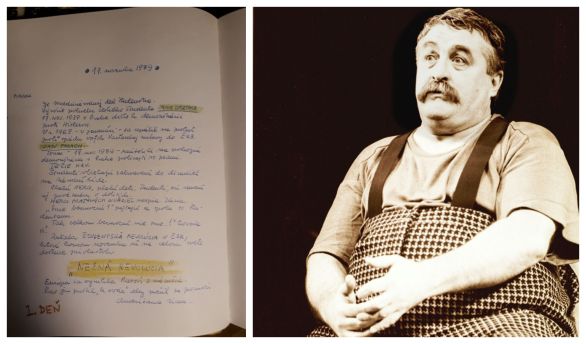 Originál rukopisu z denníkov a Július Satinský na archívnej snímke z roku 1990. Foto - archív J. S., TASR