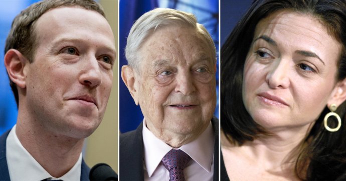 Riaditeľ Facebooku Mark Zuckerberg, miliardár George Soros a prevádzková riaditeľka Sheryl Sandbergová. Foto – AP, Wikipédia