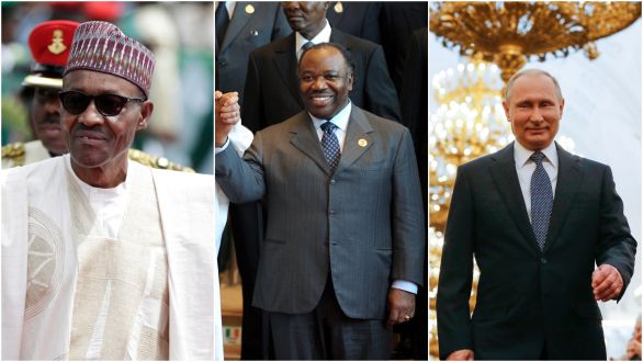 Nigérijský prezident Muhammad Buhari (vľavo), líder Gabonu Ali Bongo a ruský prezident Vladimir Putin. Foto - TASR/AP