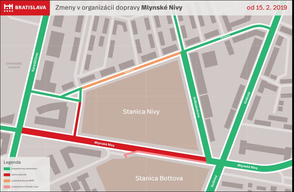 Mapa dopravných obmedzení na ulici Mlynské nivy od polovice februára. Zdroj: Magistrát BA