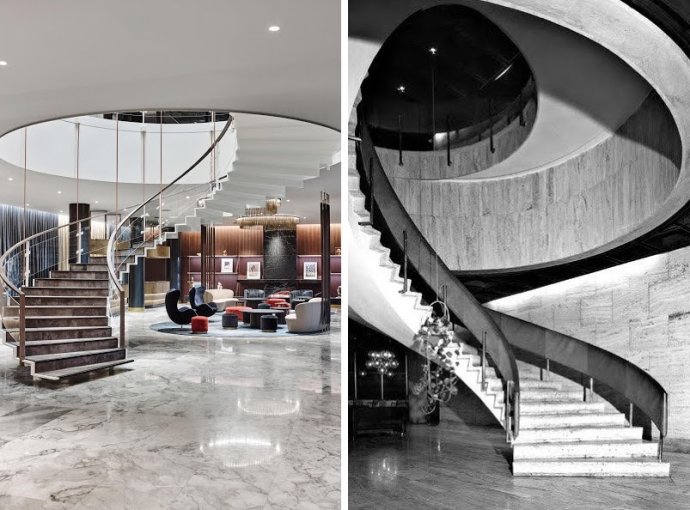 Súčasná podoba schodiska v Royal Hotel Copenhagen a pôvodná podoba schodiska v hoteli Kyjev.