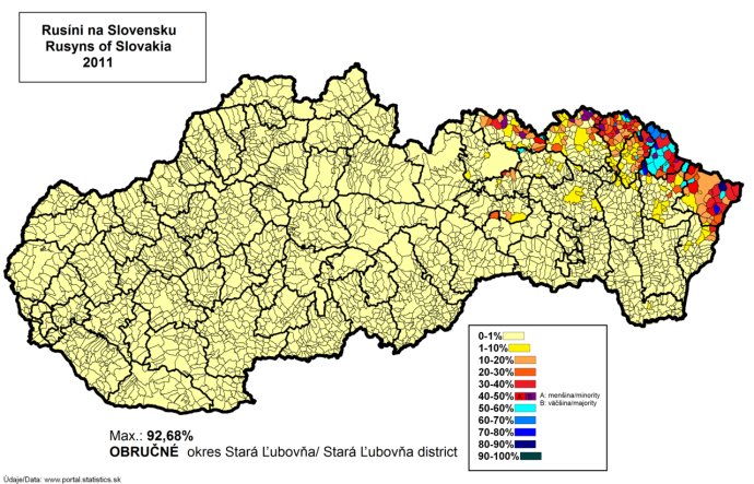 Rusíni na Slovensku podľa sčítania z roku 2011. Zdroj - wikipedia.org