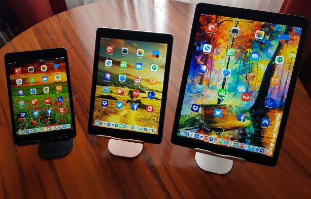 Súrodenci z rodiny jablčných škridiel. Zľava doprava: 8-palcový iPad mini (2019), 10-palcový iPad Air 2 (2014) a 13-palcový iPad Pro (2015). Foto – autor