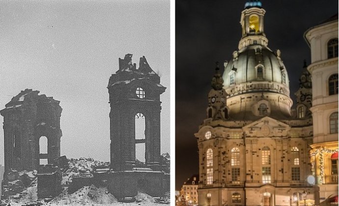 Luteránsky kostol Frauenkirche z 18. storočia sa stal slávny pre svoju technicky zložitú kupolu, ktorú občas prirovnávajú ku kupole Baziliky sv. Petra v Ríme. Kupola nevydržala až spojenecké bombardovanie v roku 1945. Foto - Wikimedia