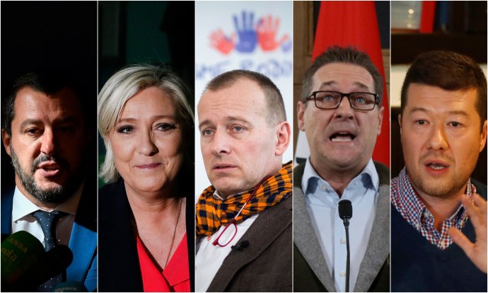 Salvini, Le Penová, Kollár, Strache a Okamura. Foto – N/Tomáš Benedikovič a TASR