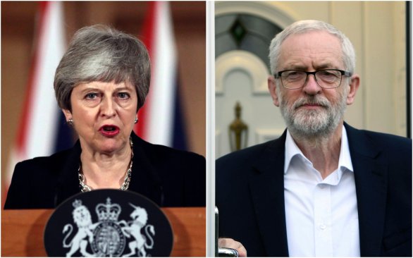 Theresa Mayová a Jeremy Corbyn. Foto - TASR/AP