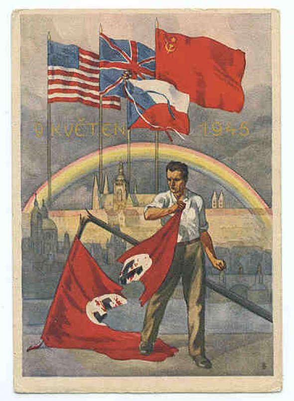 Dobový plagát oslavujúci kľúčových Spojencov a ukončenie Druhej svetovej vojny