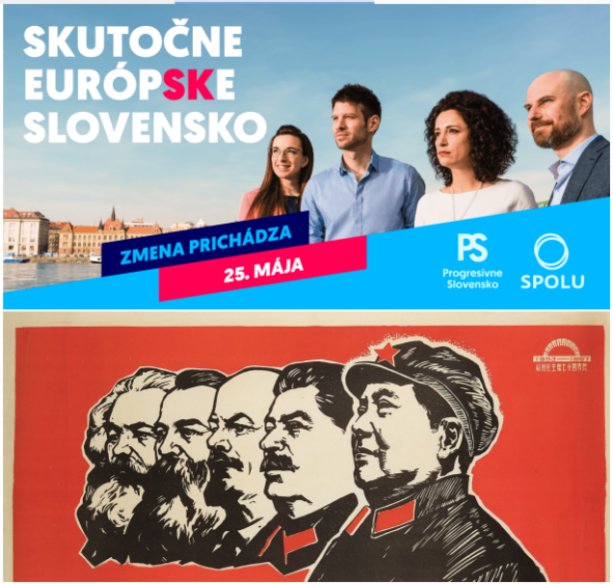 Niekedy jeden vizuál viac ako 1000 slov. 3/4 profil natočený k divákovi v “imponujúcom” kolektívnom zástupe s pohľadom do diaľky na vydarenú budovateľskú budúcnosť, ktorú budú radostne pociťovať ešte aj pravnúčatá. Estetika marxistickej propagandy ZSSR, príp. eurovoľby 2019 Bratislava, Staré mesto. A ja že mi predošlá generácia vybavila v tom ‘89-tom, že už sa nebudem musieť pozerať na takto polepené centrum mesta na drzovku medzi historickými pamiatkami buržoázie.