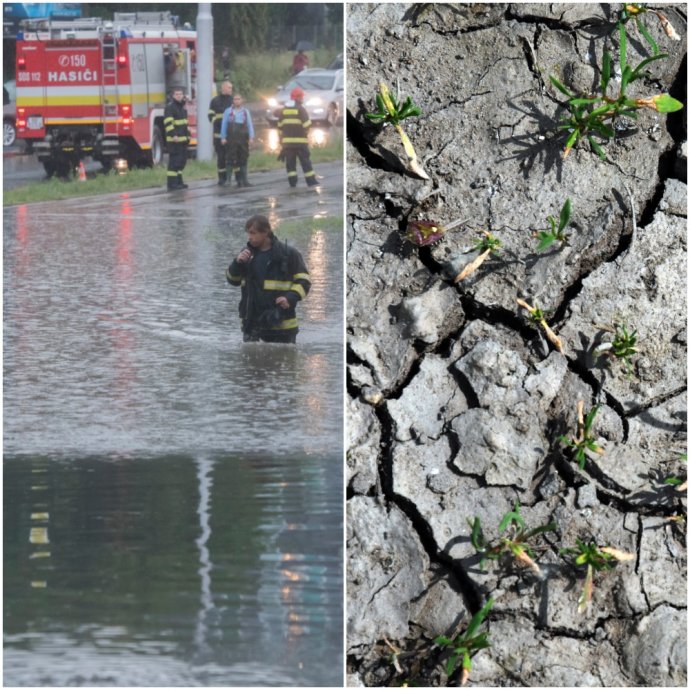 Vľavo záplavy po silnej búrke 6. júna 2018 v Bratislave, vpravo sucho v hlavnom meste. Na Slovensku rastie nerovnováha v prejavoch počasia. Foto – TASR