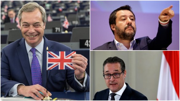 Eurovoľby sú tento rok aj o týchto troch ľuďoch: Nigel Farage, Matteo Salvini a Heinz-Christian Strache. Foto – TASR/AP