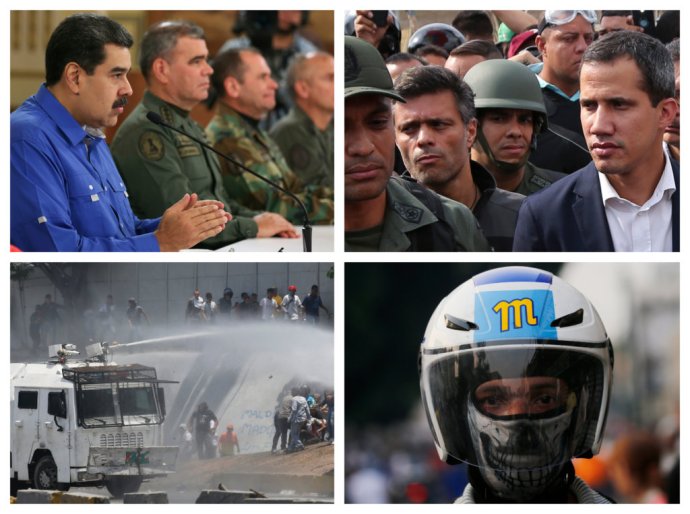 Maduro aj Guaidó sa obklopujú mužmi v zelenom. Prezident má však stále navrch. Foto - TASR/AP