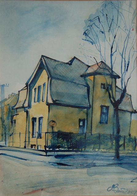 "Český" dom na Havlíčkovej ulici v Košiciach. Autorka kresby: Ing. arch. Eva Lorenzová, 2001, lavírovaná kresba