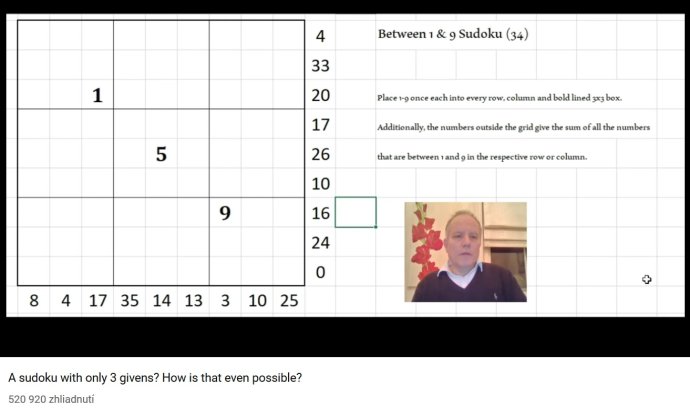 Mark Goodlife vysvetľuje, ako sa lúšti sudoku s tromi zadanými číslami. Reprofoto - YouTube