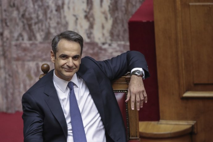 Nový grécky premiér Kyriakos Mitsotakis počas zasadania parlamentu. Foto - AP