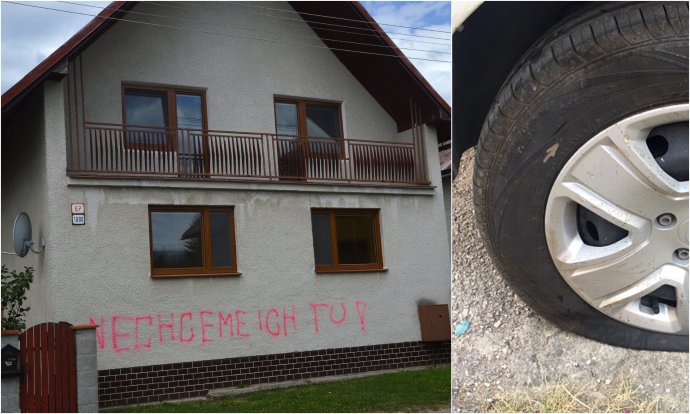 Posprejovaný dom a prepichnutá pneumatika. Foto N – Daniel Vražda a Maroš Hadžega