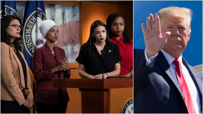 Zľava Rashida Tlaibová, Ilhan Omarová, Alexandria Ocasiová-Cortezová, Ayanna Pressleyová reagovali na výroky Donalda Trumpa. Foto - TASR/AP