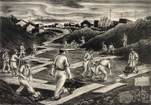 "Road Builders," litografia na papiery, od David P. Chun (1898-1989), vytvorený keď pôsobil vo WPA's Federal Art Project, ca. 1935-1943. Obrázok v the Smithsonian American Art Museum