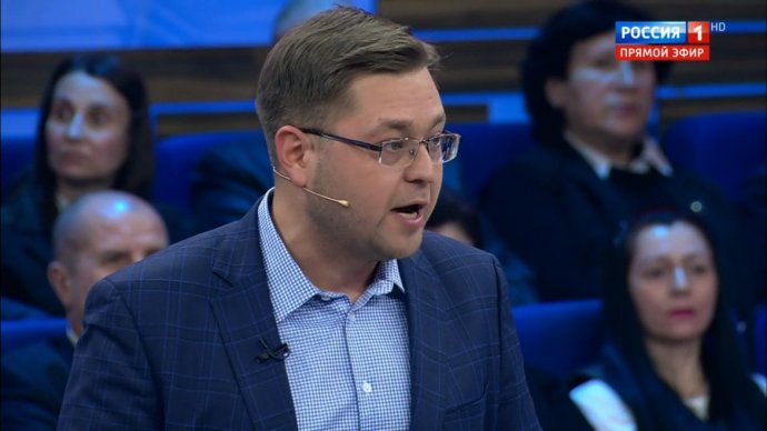 Politológ Andrej Nikulin v relácii 60 minút. Reprofoto – Russia.tv