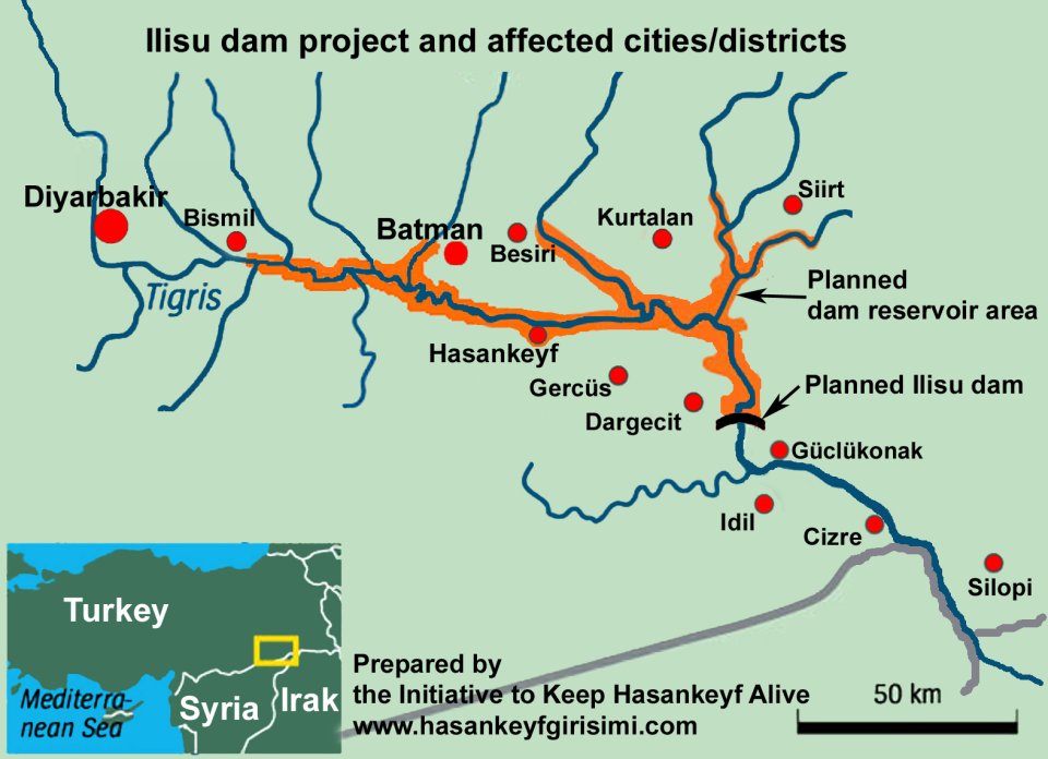 Mapa priehrady Ilisu, ktorá zatopí dvesto dedín, vrátane Hasankeyfu. Zdroj - Keep Hasaneyf Alvce