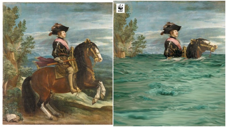 Originál maľby a jej úprava pre kampaň. Foto - Museo del Prado a World Wildlife Fund.