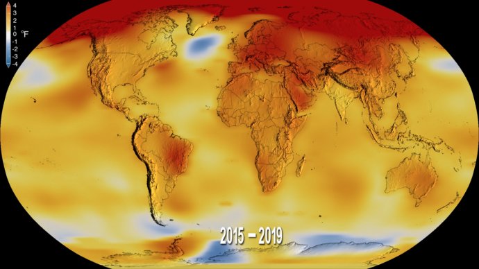 Teploty na Zemi, roky 2015 až 2019. Foto – Goddardov inštitút pre kozmický výskum/ NASA