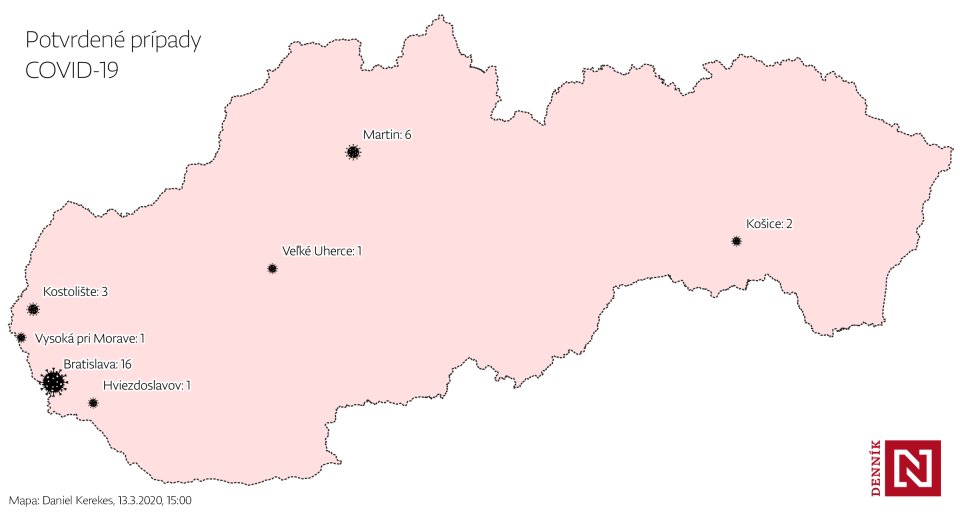 Mapa, na ktorej sú zaznačené všetky evidované prípady nákazy koronavírusom na Slovensku. Autor: Daniel Kerekes