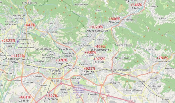 Bergamo a okolie - červené percentá vyjadrujú o koľko bola úmrtnosť v obci väčšia v marci 2020 oproti priemeru posledných 5 rokov. Zdroj: www.openstreetmap.org