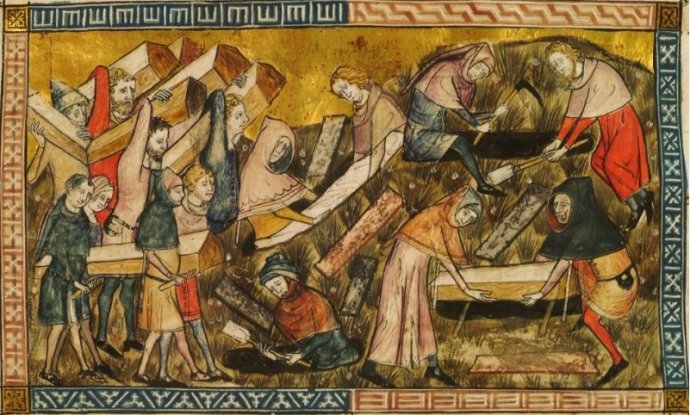 Stredovekí obyvatelia pochovávajú obete moru. Pierart dou Tielt (fl. 1340 - 1360). Zdroj – Wikipedia/cc