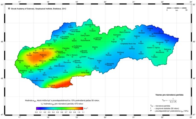 Mapa špičkového zrýchlenia na Slovensku. Vedci podľa neho rátajú, aké silné zemetrasenie môže prísť počas najbližších rokov. Zdroj – UVZ SAV