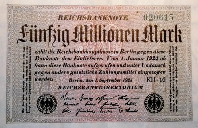 Bankovka s nominálom 50 miliónov mariek vydaná v roku 1923. Reprofoto - JumpStory