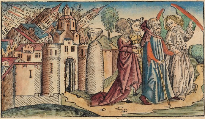 Zničenie Sodomy a Gomory bolo podľa Biblie trestom za hriechy jej obyvateľov. Norimberská kronika, 1493.
