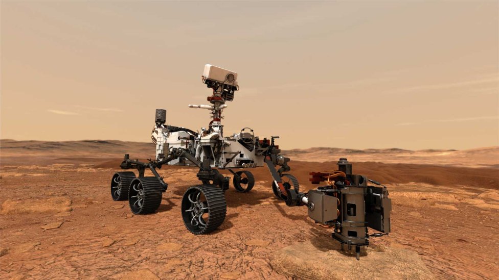 Umelecké stvárnenie rovera Perseverance pri zbere vzoriek na Marse. Zdroj – NASA/JPL-Caltech