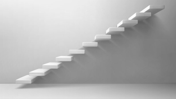 3d stairs, white staircase on blank wall background. Way to business success, career ladder, architecture construction for building interior or exterior decoration. Realistic vector illustration