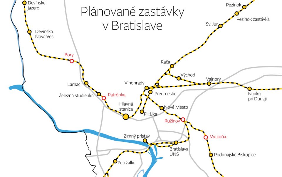 ŽSR aktuálne počítajú so štyrmi novými zastávkami: vo Vrakuni, Ružinove, pri Patrónke a Lamač - Bory. Grafika N