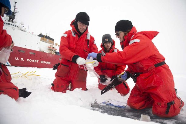 ARCTIC OCEAN -- Scientists aboard Coast Guard Cutter Healy collect ice cores and other data on an ice floe Sept. 11, 2015, while underway in the Arctic Ocean. Healy is underway in support of Geotraces, an international endeavor to study the geochemistry of the world's oceans. U.S. Coast Guard photo by Petty Officer 2nd Class Cory J. Mendenhall.