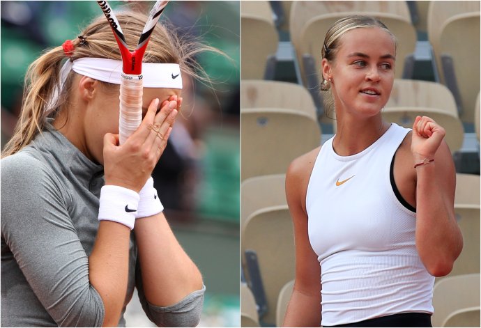Anna Karolína Schmiedlová po postupe do tretieho kola Roland Garros v roku 2014 a 2020. Foto – TASR/AP, koláž - N
