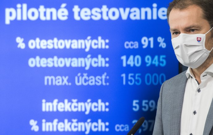 Premiér Igor Matovič predstavuje štatistiky pilotného testovania. Foto - tasr
